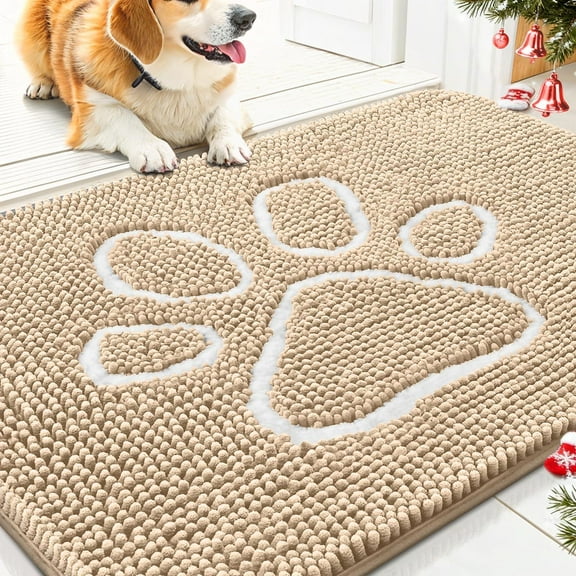 Buganda Dog Door Mats for Muddy Paws, Washable Dirt Trapper Front Door Rugs, Non-Slip Absorbent Chenille Indoor Doormats(30"x20", Beige)