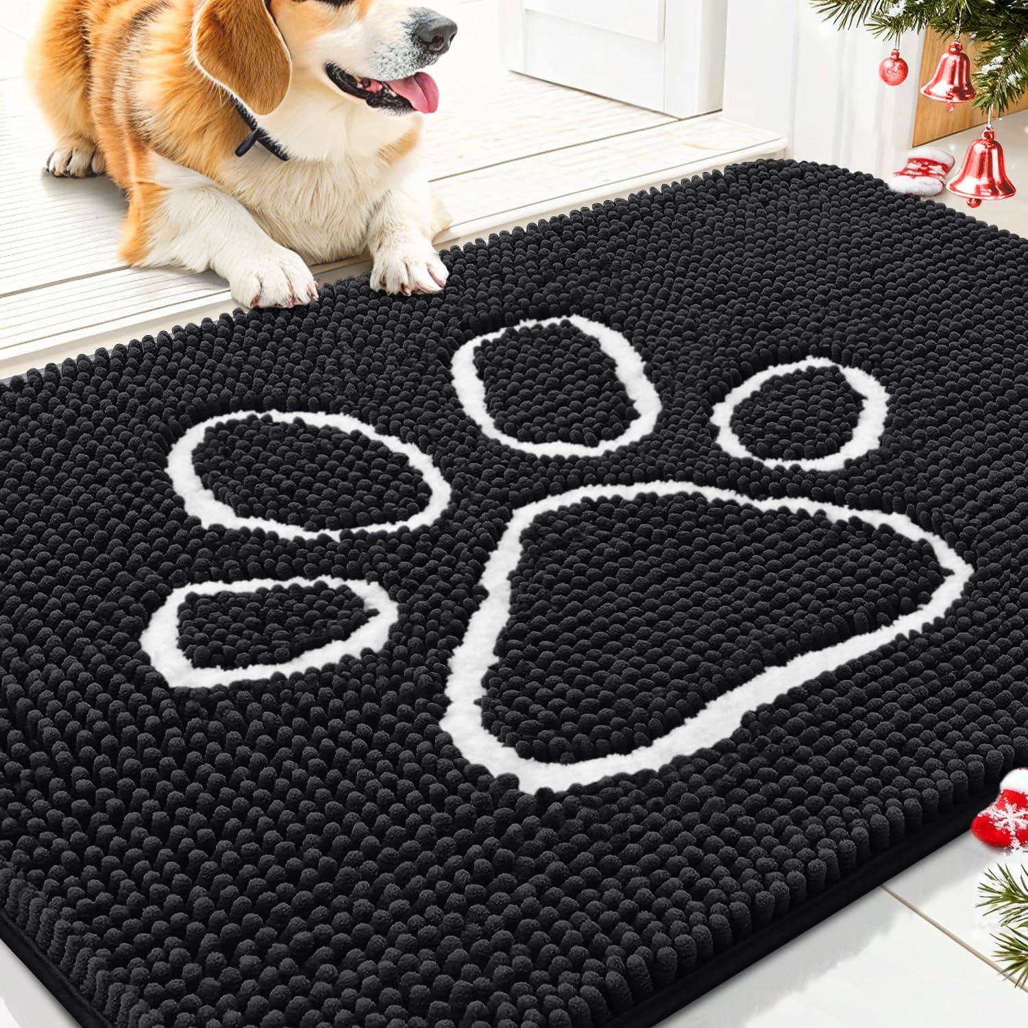 Buganda Dog Door Mats for Muddy Paws, Washable Dirt Trapper Front Door Rugs, Non-Slip Absorbent Chenille Indoor Doormats(30"x20", Black)
