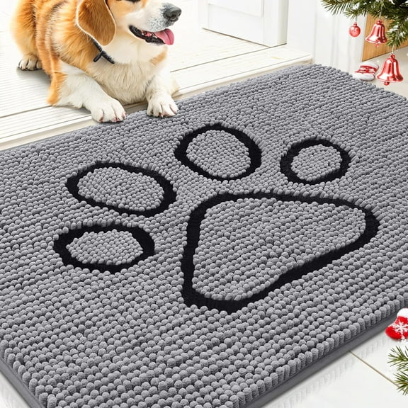 Buganda Dog Door Mats for Muddy Paws, Washable Dirt Trapper Front Door Rugs, Non-Slip Absorbent Chenille Indoor Doormats(30"x20", Grey)