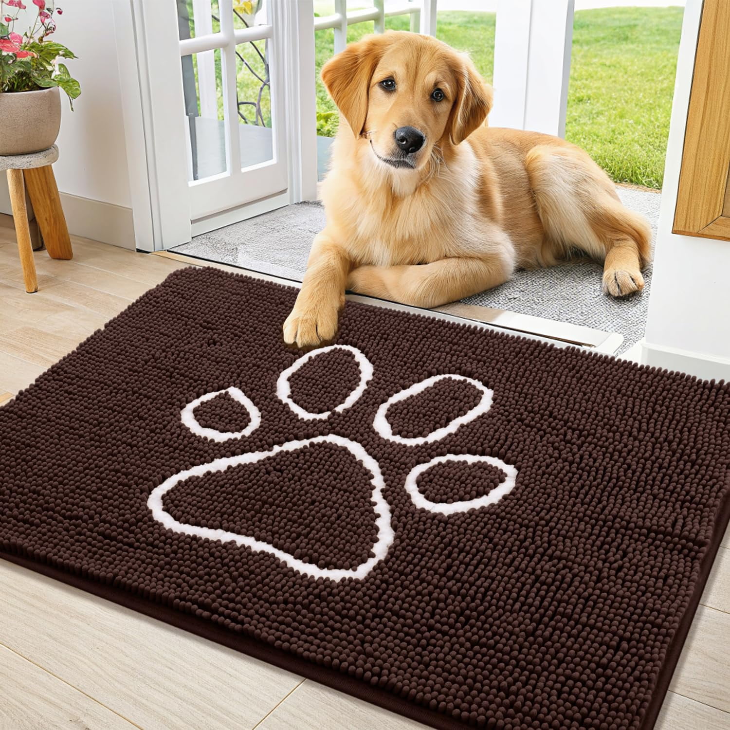 Buganda Dog Door Mats for Muddy Paws, Washable Dirt Trapper Front Door Rugs, Non-Slip Absorbent Chenille Indoor Doormats(36"x24", Brown)