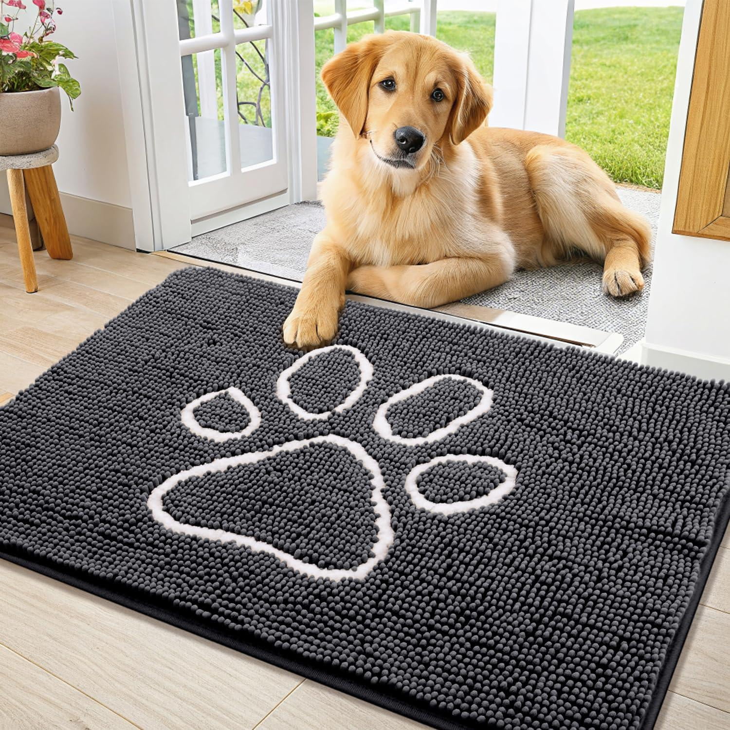 Buganda Dog Door Mats for Muddy Paws, Washable Dirt Trapper Front Door Rugs, Non-Slip Absorbent Chenille Indoor Doormats(36"x24", Dark Grey)