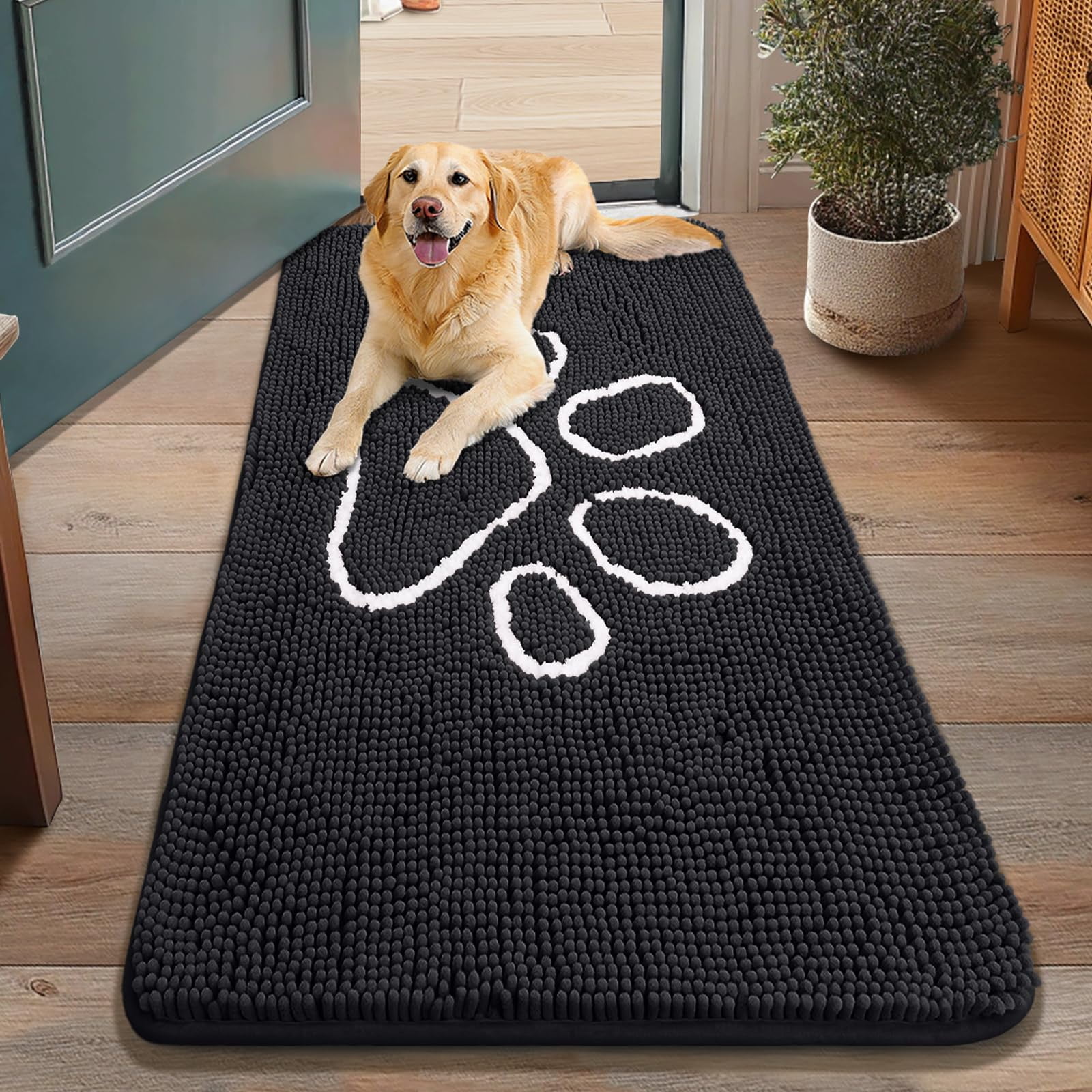 Buganda Dog Door Mats for Muddy Paws, Washable Dirt Trapper Front Door Rugs, Non-Slip Absorbent Chenille Indoor Doormats(48"x30", Black)