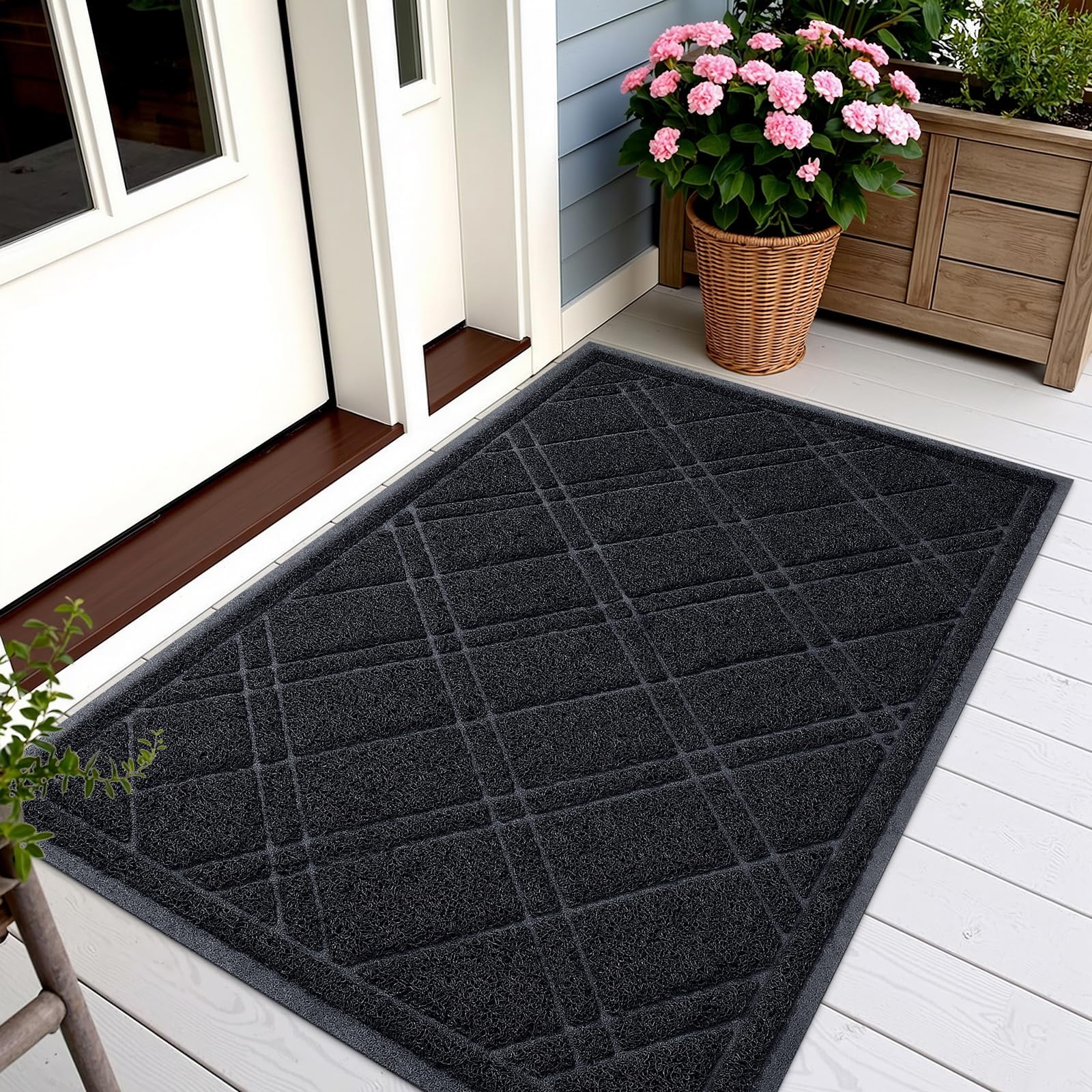 Buganda Door Mat Outside, Heavy Duty Dirt Trapper Doormat, Non Slip Low Profile Mat for Inside, 32"x47", Black