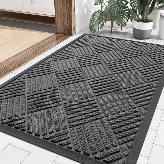 Buganda Door Mat Outside, Non Slip Rubber Doormat, Low Profile Dirt Trapper Welcome Mat, Heavy Duty Entrance Mat, 35"x23", Grey