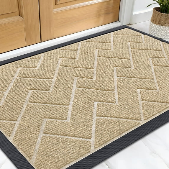 Buganda Door Mat Outside, Waterproof Low Profile Welcome Mat, Heavy Duty Rubber Doormats for Outside Entry 29.5x17, Beige