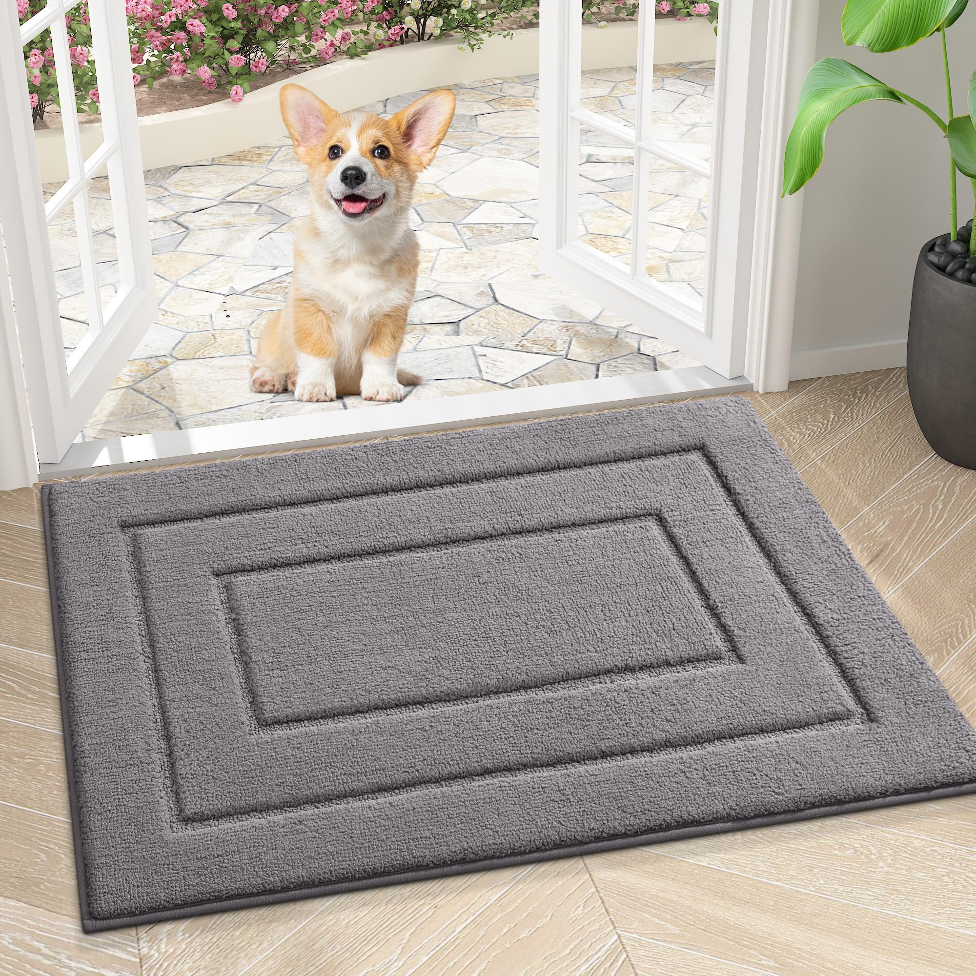 Buganda Door Mat for Inside, Absorbs Moisture and Low Profile Doormat Outdoor, Dirt Trapper Rugs for Entryway, 16"x24", Grey