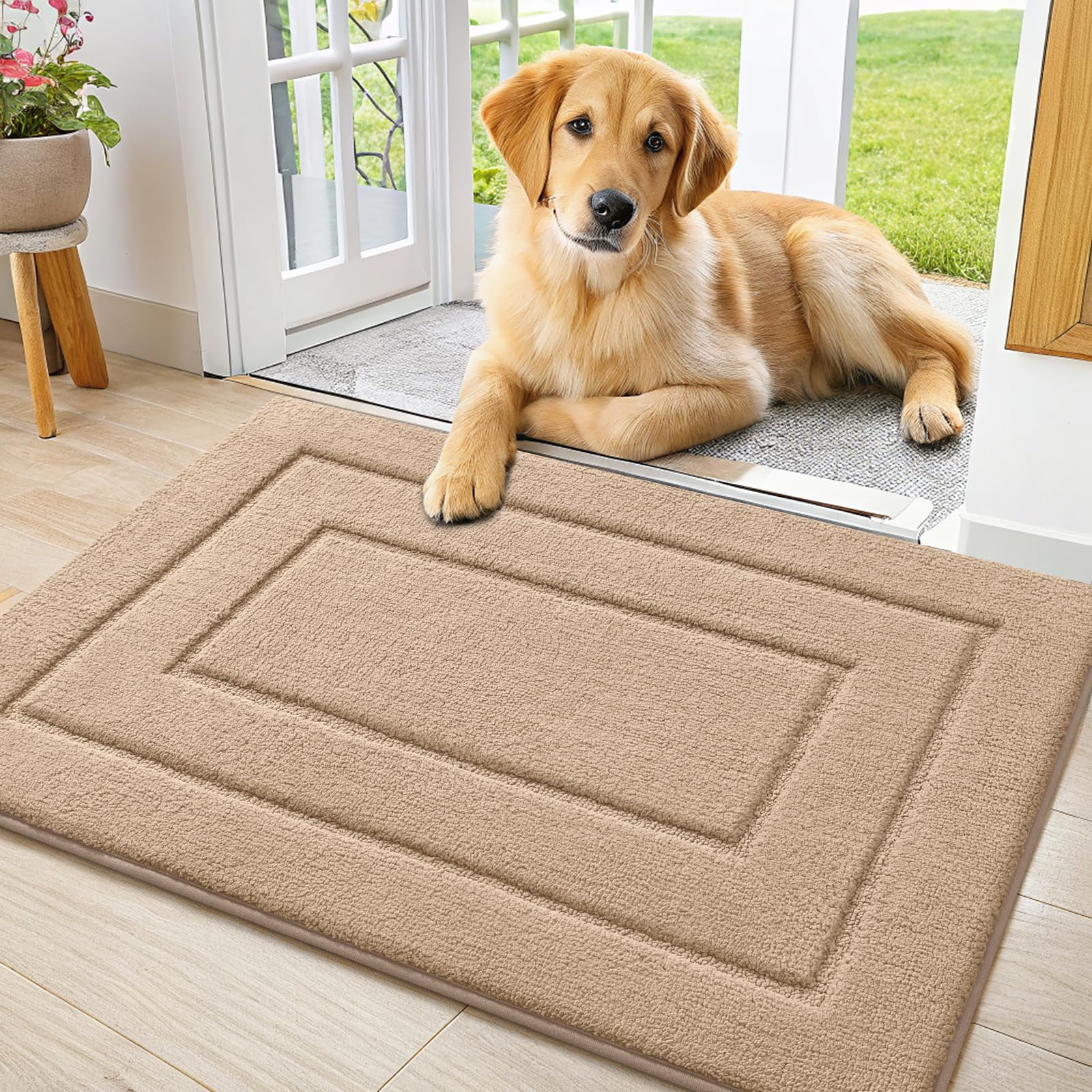 Buganda Door Mat for Inside, Absorbs Moisture and Low Profile Doormat Outdoor, Dirt Trapper Rugs for Entryway, 20"x30", Beige