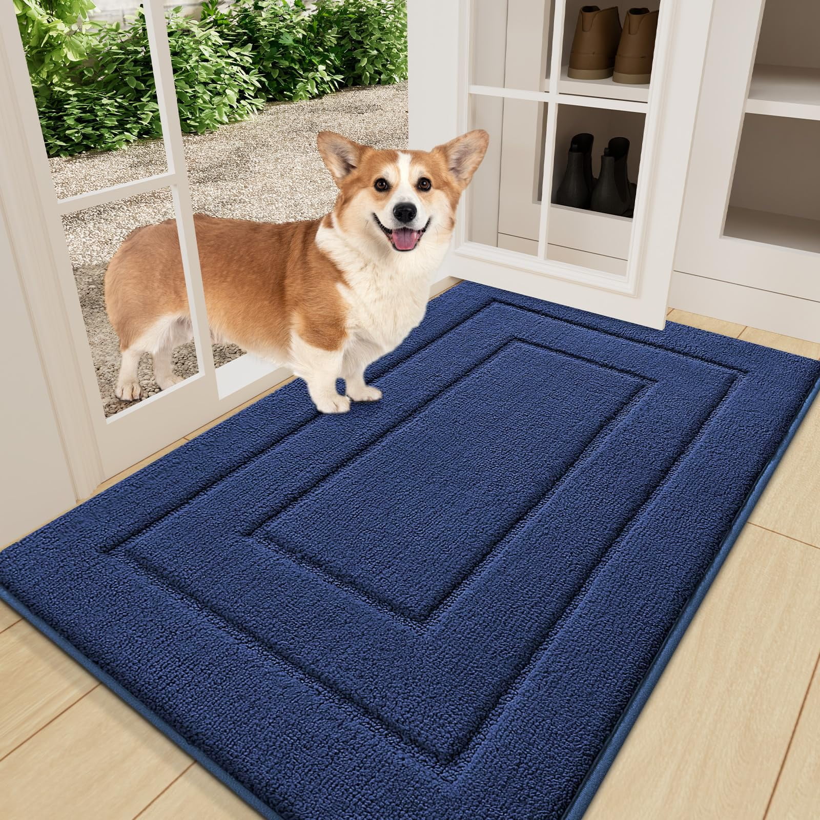 Buganda Door Mat for Inside, Absorbs Moisture and Low Profile Doormat Outdoor, Dirt Trapper Rugs for Entryway, 20"x30", Navy Blue