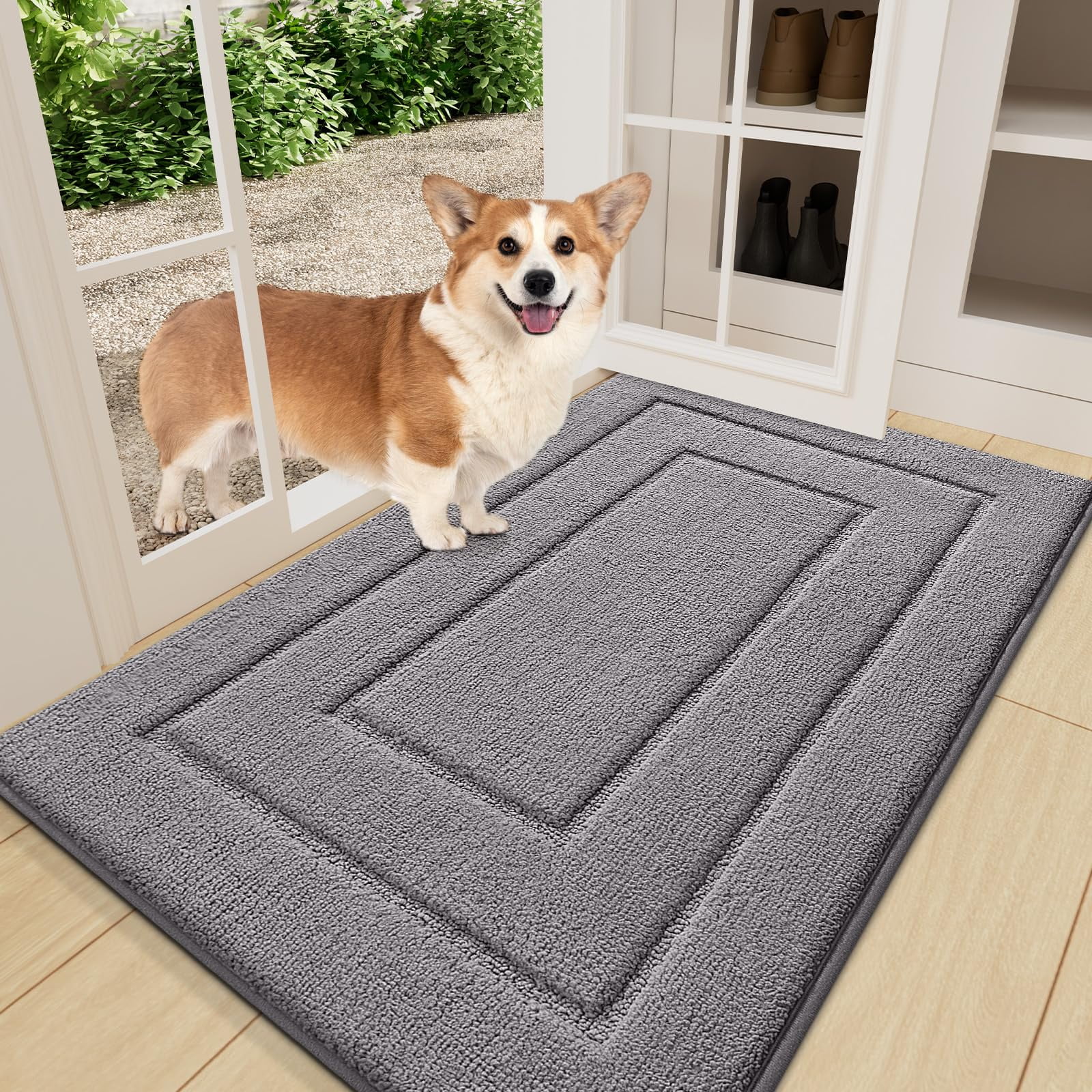 Buganda Door Mat for Inside, Absorbs Moisture and Low Profile Doormat Outdoor, Dirt Trapper Rugs for Entryway, 24"x36", Grey