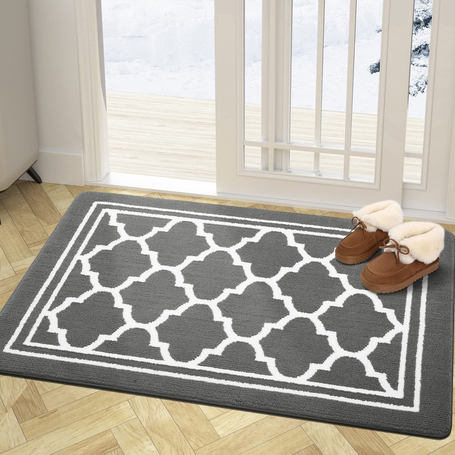 Buganda Door Mats Indoor, 32"×48", Water Absorbent Low Profile Anti-Slip Front Door Mat, Door Rugs for Entrance, Grey