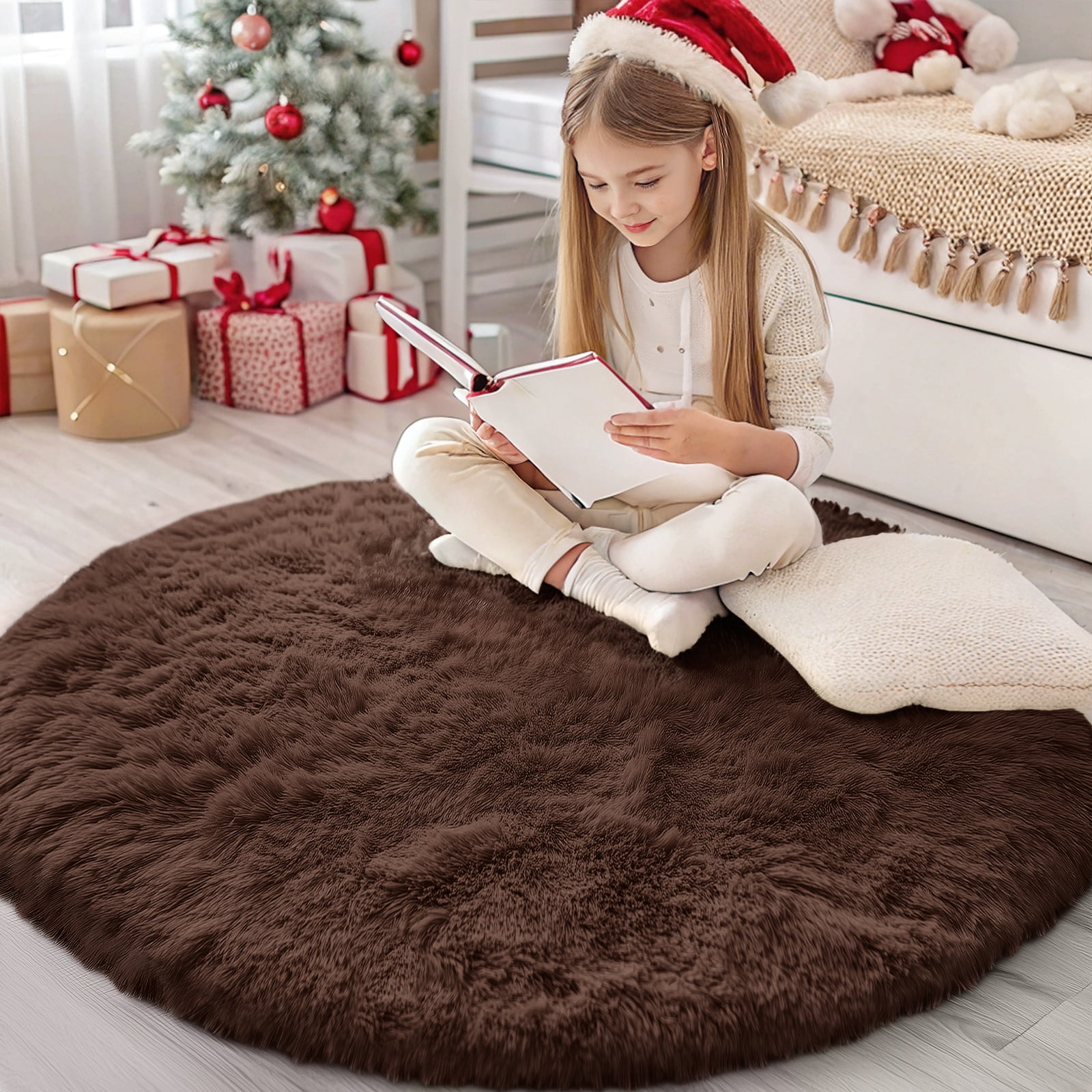 Buganda Fluffy Area Rugs, Round Area Rug for Living Room, Soft Decorative Carpet for Indoor Home, 4'x4', Coffee