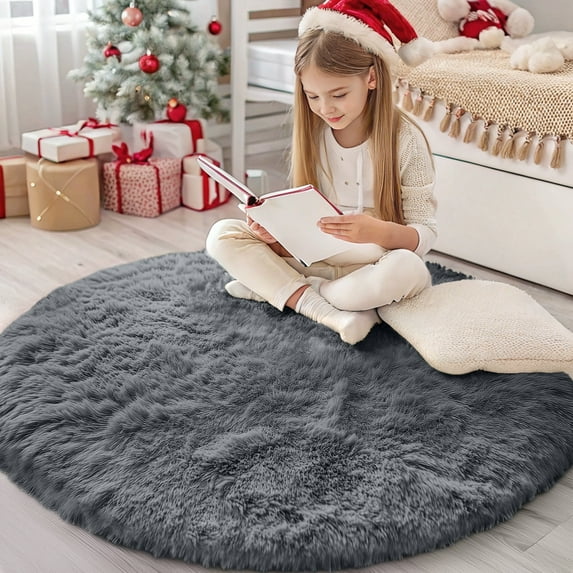 Buganda Fluffy Area Rugs, Round Area Rug for Living Room, Soft Decorative Carpet for Indoor Home, 4'x4', Grey