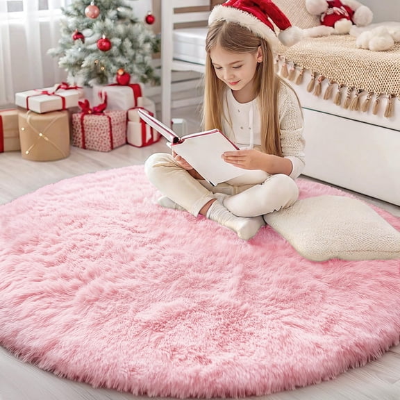 Buganda Fluffy Area Rugs, Round Area Rug for Living Room, Soft Decorative Carpet for Indoor Home, 4'x4', Pink