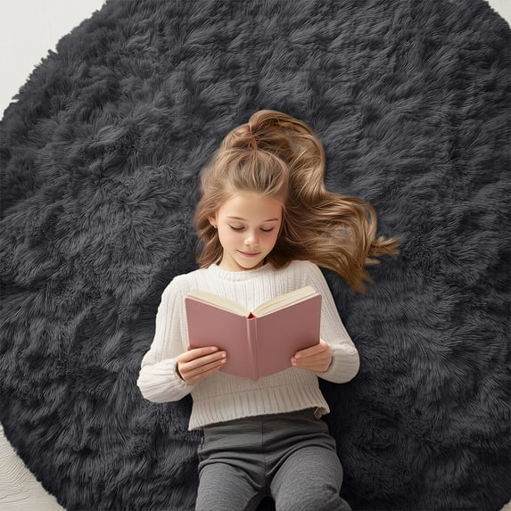 Buganda Fluffy Area Rugs, Round Area Rug for Living Room, Soft Decorative Carpet for Indoor Home, 5'x5', Black