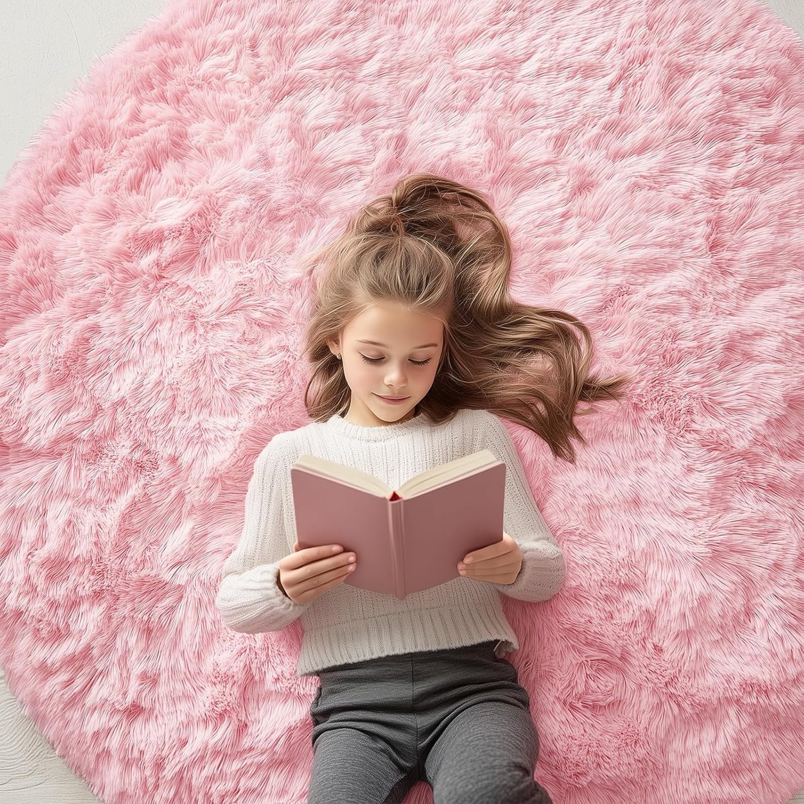 Buganda Fluffy Area Rugs, Round Area Rug for Living Room, Soft Decorative Carpet for Indoor Home, 5'x5', Pink