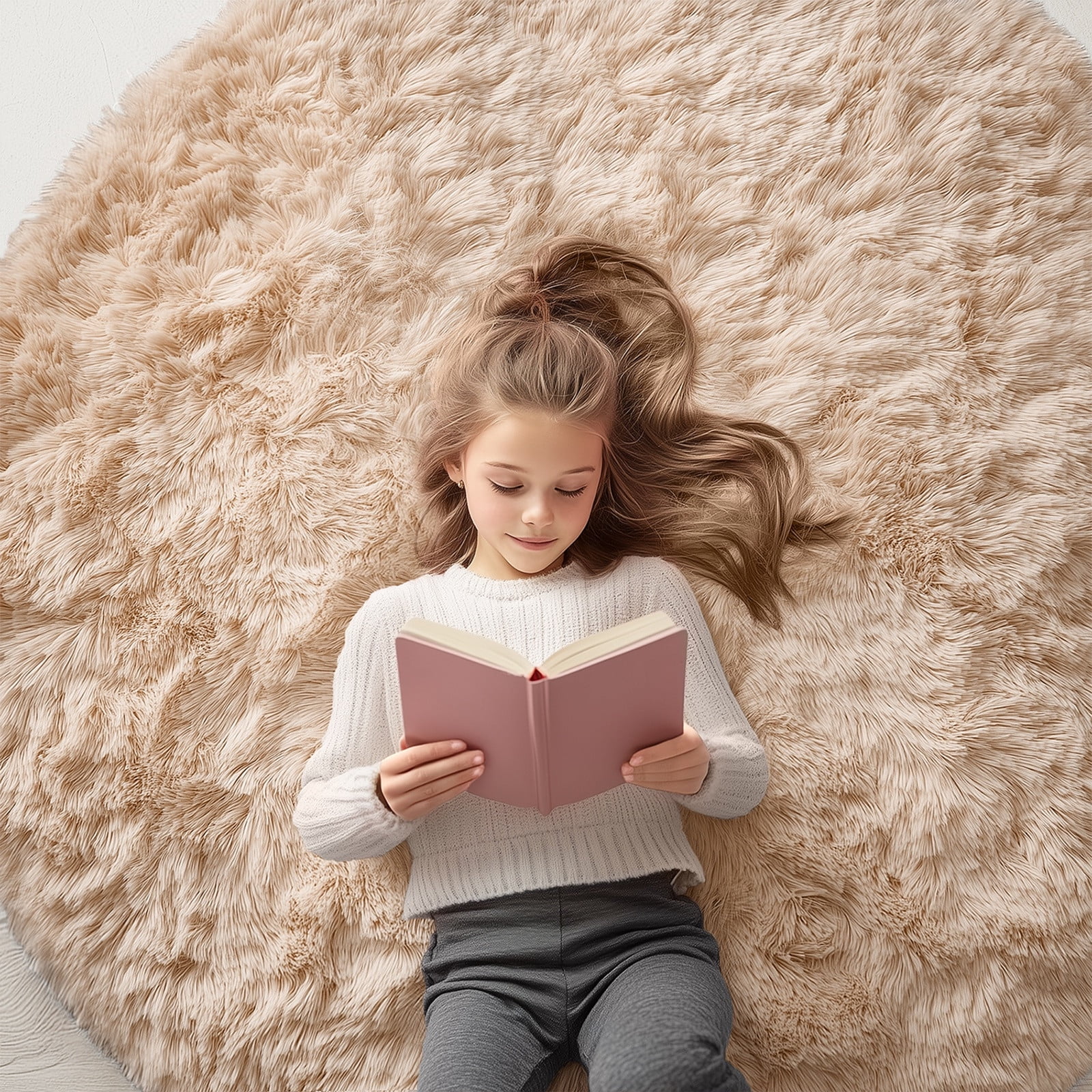 Buganda Fluffy Area Rugs, Round Area Rug for Living Room, Soft Decorative Carpet for Indoor Home, 6'x6', Beige