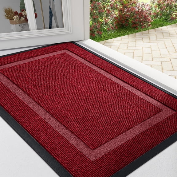 Buganda Front Door Mat, Heavy Duty Rubber Door Mat Outside, Low Profile Dirt Trapper Welcome Mat, Waterproof Easy to Clean Doormat, Wine Red, 29.5"x17"