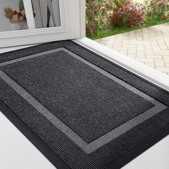 Buganda Front Door Mat, Heavy Duty Rubber Door Mat Outside, Low Profile Dirt Trapper Welcome Mat, Waterproof Easy to Clean Doormat, Grey, 35"x23"