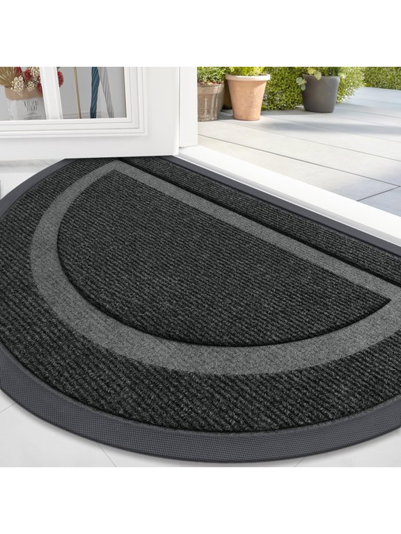 Half Round Door Mat, Heavy Duty Rubber Entrance Mat, Low Profile Dirt Trapper Doormat Outside, 29.5" x 17", Black