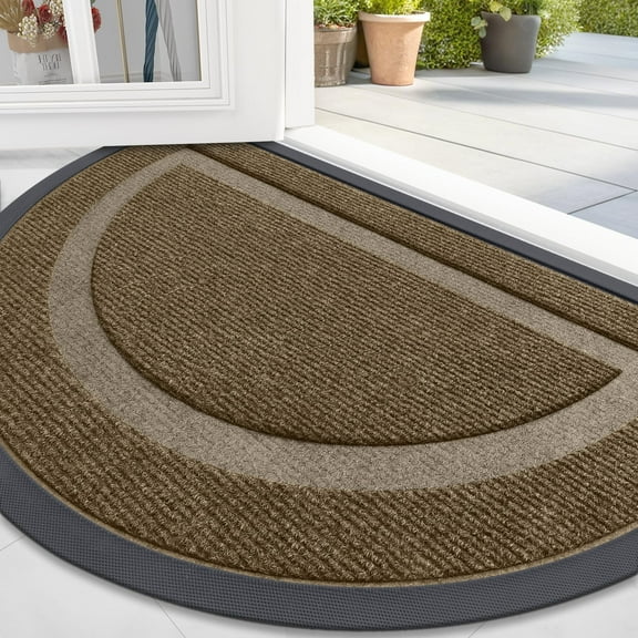 Buganda Half Round Door Mat, Heavy Duty Rubber Entrance Mat, Low Profile Dirt Trapper Doormat Outside, 29.5" x 17", Brown