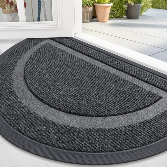 Buganda Half Round Door Mat, Heavy Duty Rubber Entrance Mat, Low Profile Dirt Trapper Doormat Outside, 29.5" x 17", Grey
