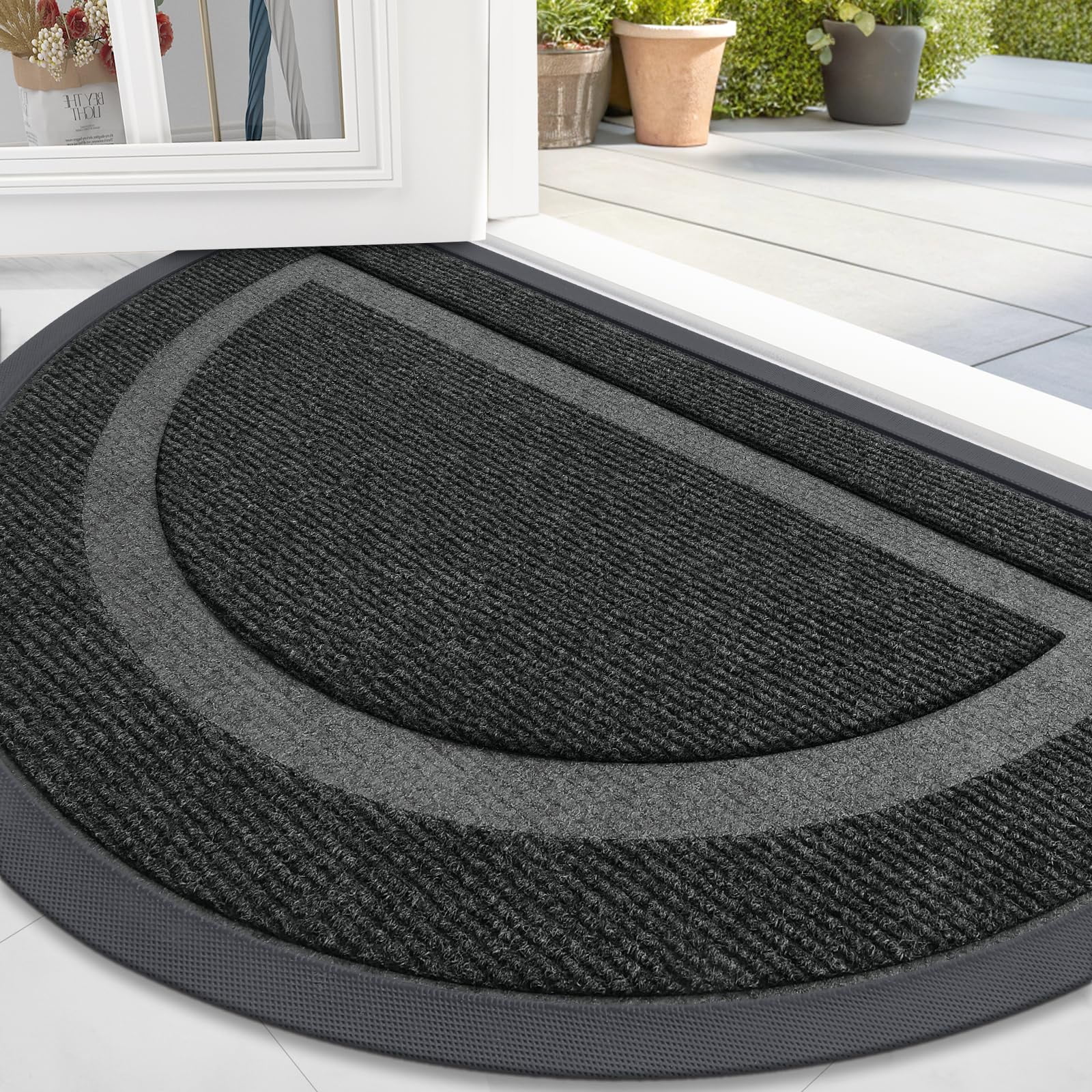 Buganda Half Round Door Mat, Heavy Duty Rubber Entrance Mat, Low Profile Dirt Trapper Doormat Outside, 36" x 24", Black