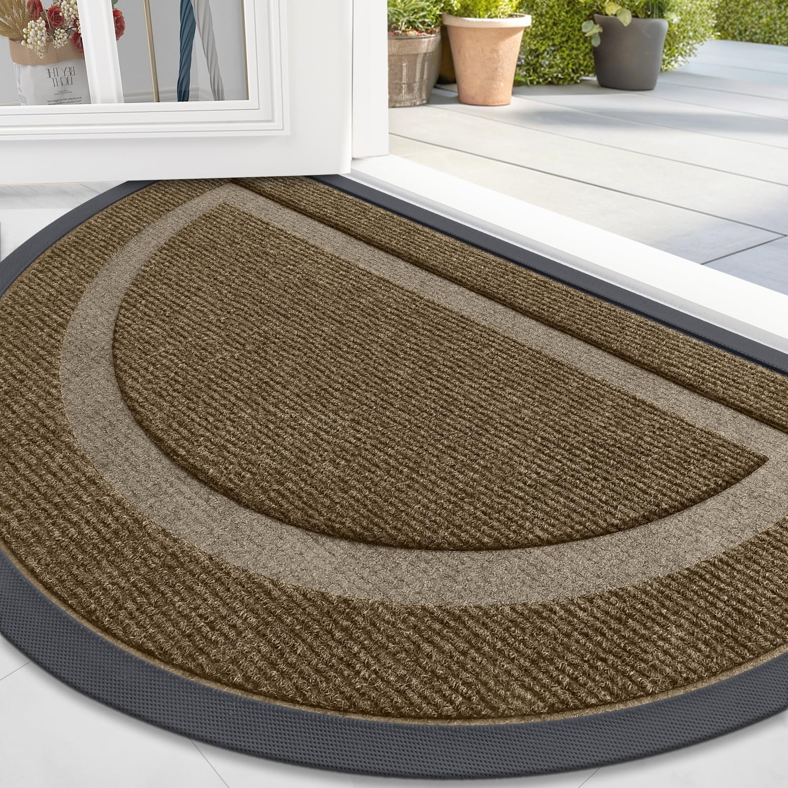 Buganda Half Round Door Mat, Heavy Duty Rubber Entrance Mat, Low Profile Dirt Trapper Doormat Outside, 47" x 32", Brown