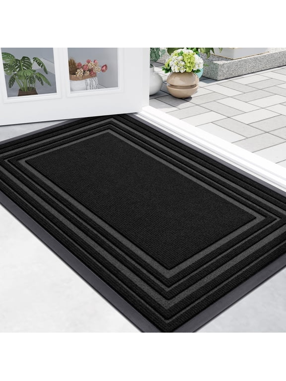 Heavy Duty Door Mats, Non Slip Waterproof Rubber Doormats for Outdoor and Indoor, Low Profile Dirt Trapper Entry Rugs, 29"x17", Black