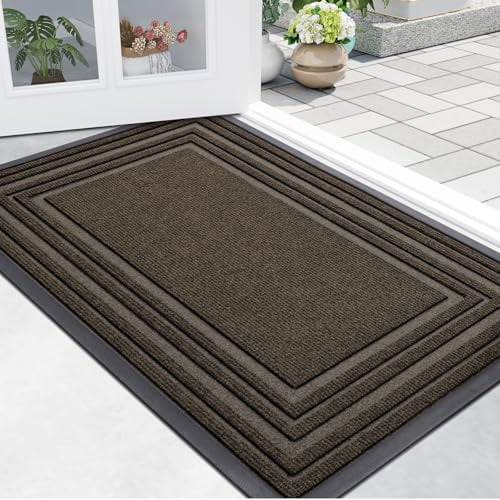 Buganda Heavy Duty Door Mats, Non Slip Waterproof Rubber Doormats for Outdoor and Indoor, Low Profile Dirt Trapper Entry Rugs, 36"x24", Brown