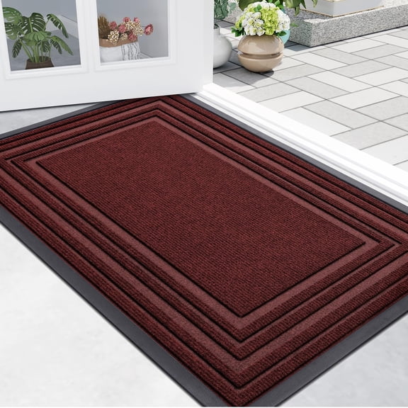 Buganda Heavy Duty Door Mats, Non Slip Waterproof Rubber Doormats for Outdoor and Indoor, Low Profile Dirt Trapper Entry Rugs, 36"x24", Wine Red