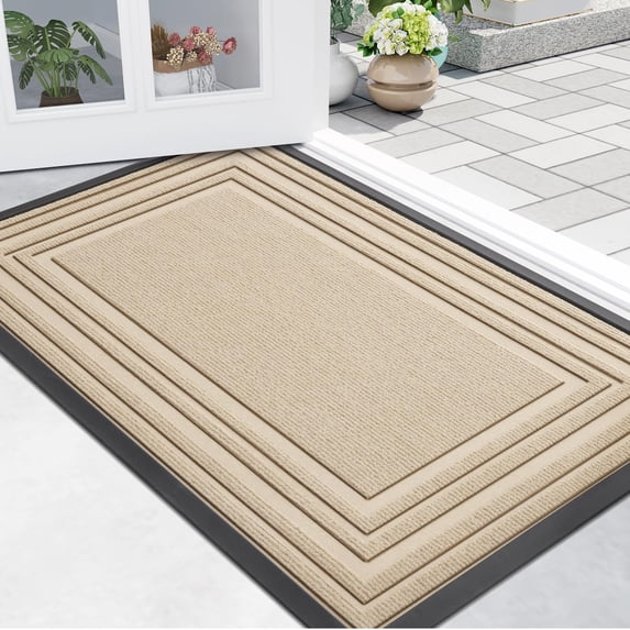 Buganda Heavy Duty Door Mats, Non Slip Waterproof Rubber Doormats for Outdoor and Indoor, Low Profile Dirt Trapper Entry Rugs, 47"x24", Beige