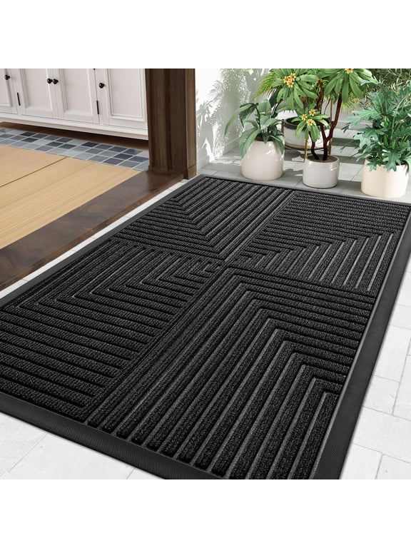 Heavy Duty Rubber Door Mat for Outside Entry, 17" x 29.5" Non-Slip Waterproof Doormat for Inside, Low Profile Dirt Trapper Doormat, Black