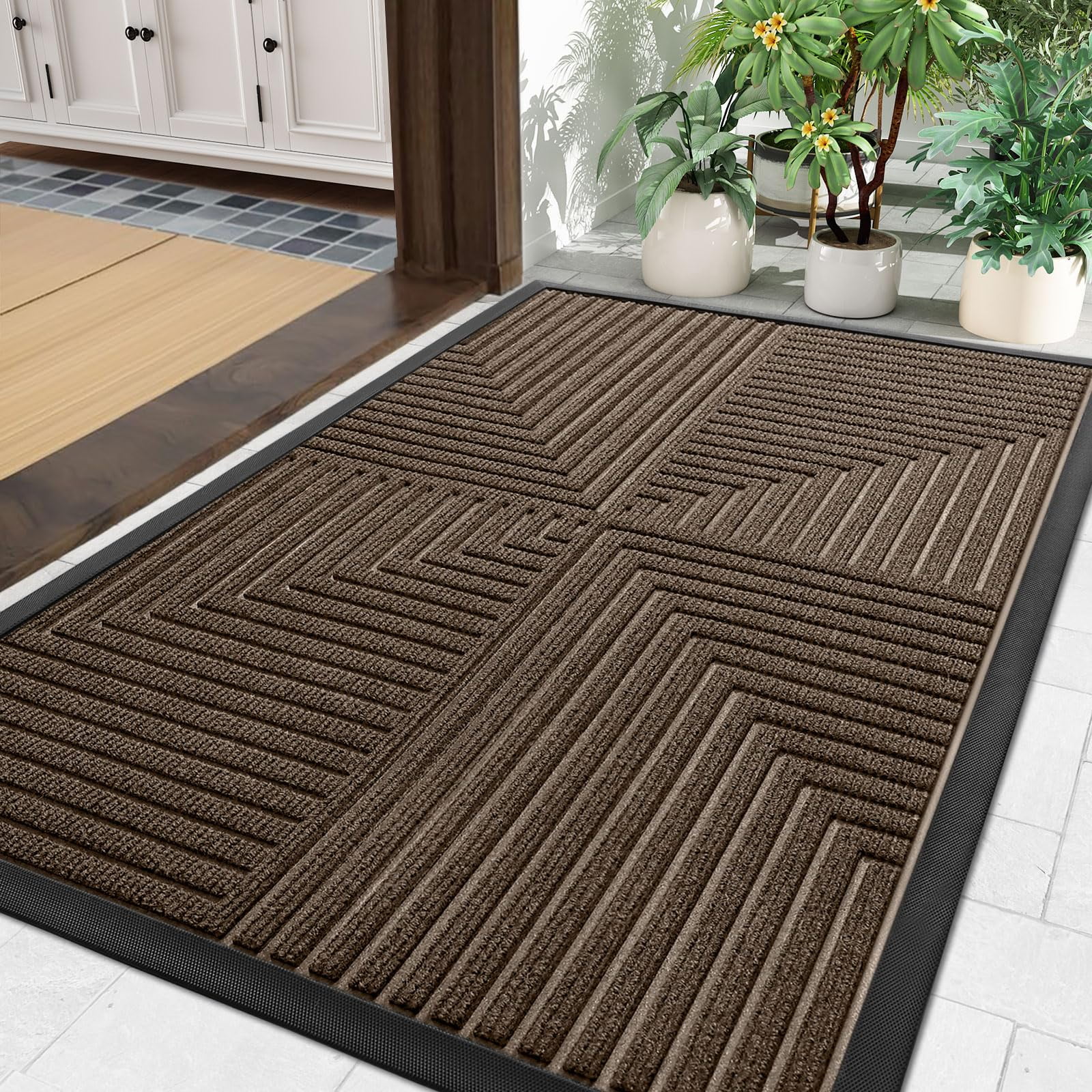 Buganda Heavy Duty Rubber Door Mat for Outside Entry, 17" x 29.5" Non-Slip Waterproof Doormat for Inside, Low Profile Dirt Trapper Doormat, Brown