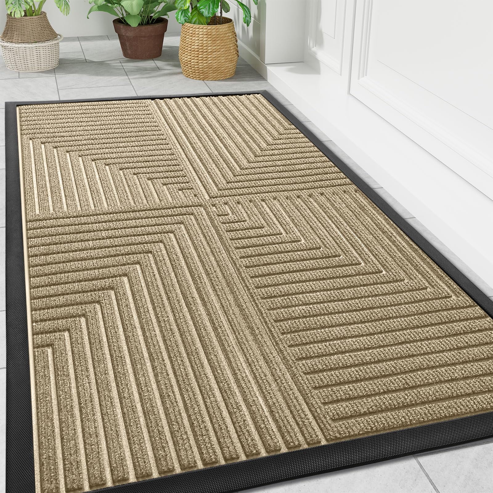 Buganda Heavy Duty Rubber Door Mat for Outside Entry, 24" x 36" Non-Slip Waterproof Doormat for Inside, Low Profile Dirt Trapper Doormat, Beige