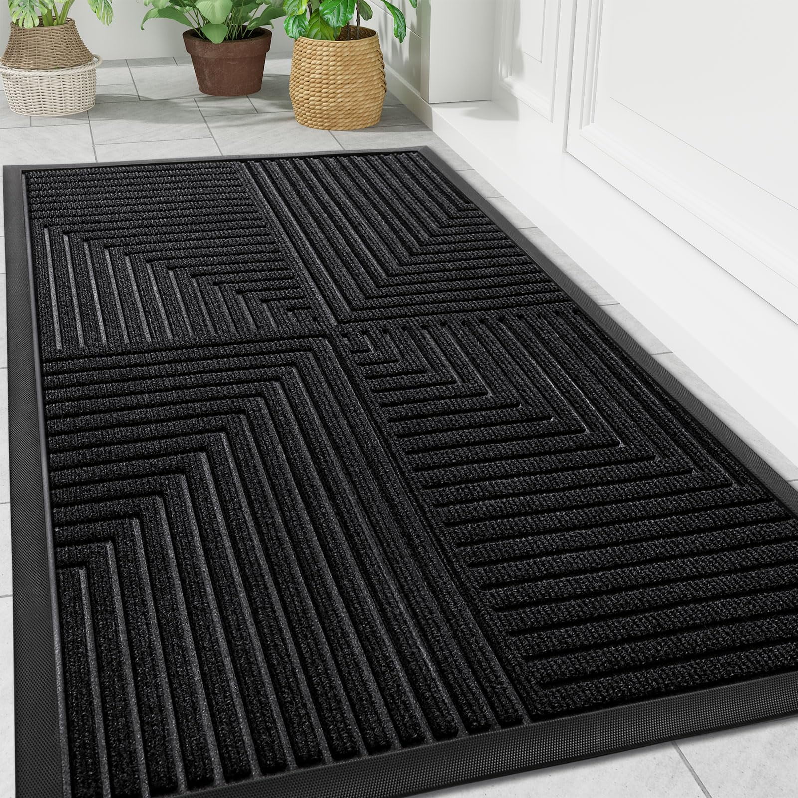 Buganda Heavy Duty Rubber Door Mat for Outside Entry, 32" x 47" Non-Slip Waterproof Doormat for Inside, Low Profile Dirt Trapper Doormat, Black