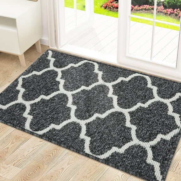 Buganda Indoor Door Mat, 20"x 32", Non Slip Low-Profile Entrance Rug Front Inside Doormats Dirt Trapper Entry Door Rugs for Entryway, Black Trellis