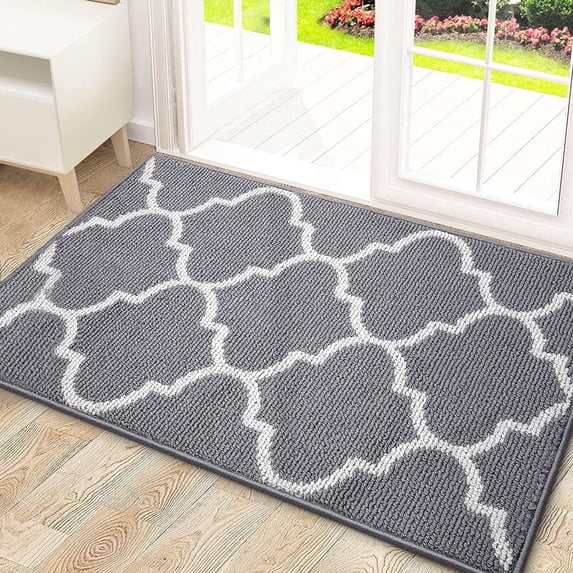 Buganda Indoor Door Mat, 24"x 36", Non Slip Low-Profile Entrance Rug Front Inside Doormats Dirt Trapper Entry Door Rugs for Entryway, Grey Trellis
