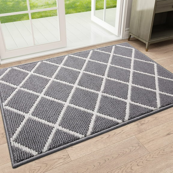 Buganda Indoor Door Mat, 24"x 36", Non Slip Low-Profile Entrance Rug Front Inside Doormats Dirt Trapper Entry Door Rugs for Entryway, Grey