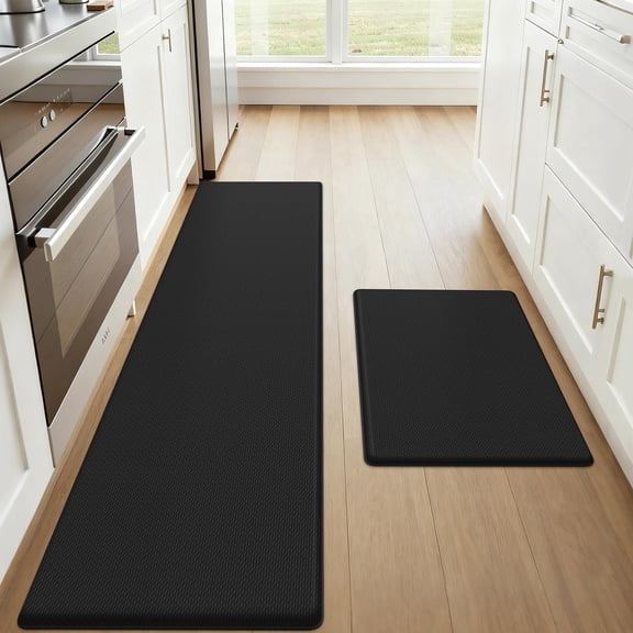 Buganda Kitchen Rugs and Mats, Sets of 2 Non Slip Waterproof kitchen Rugs, Anti Fatigue Kitchen Mats for Floor, 17.3"x70"+17.3"x29", Black