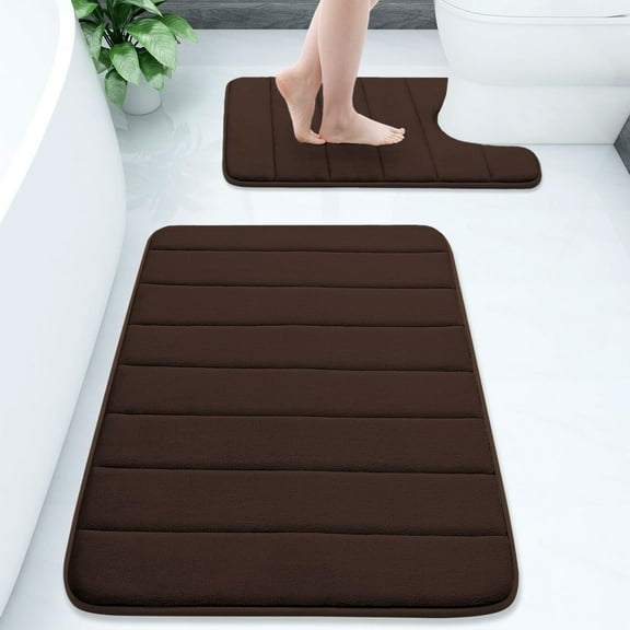 Buganda Memory Foam Bathroom Rugs Sets 2, 24"x16" Bath Mats and 24"x20" U-Shaped Toilet Rugs, Soft Non Slip Absorbent Bath Rugs, Brown