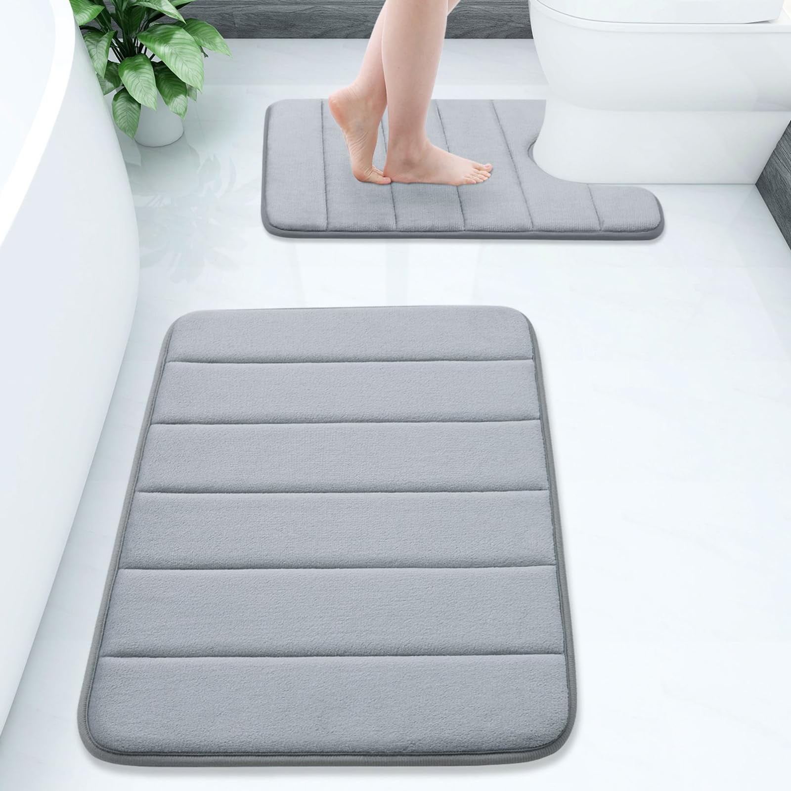 Buganda Memory Foam Bathroom Rugs Sets 2, 24"x16" Bath Mats and 24"x20" U-Shaped Toilet Rugs, Soft Non Slip Absorbent Bath Rugs, Grey - Walmart.com