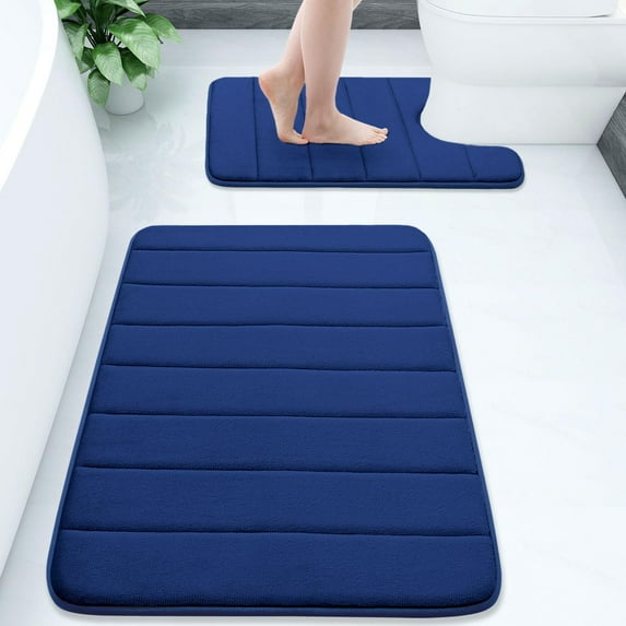 Buganda Memory Foam Bathroom Rugs Sets 2, 24"x16" Bath Mats and 24"x20" U-Shaped Toilet Rugs, Soft Non Slip Absorbent Bath Rugs, Navy