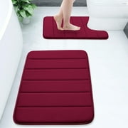 Buganda Memory Foam Bathroom Rugs Sets 2, 24"x16" Bath Mats and 24"x20" U-Shaped Toilet Rugs, Soft Non Slip Absorbent Bath Rugs, Wine Red