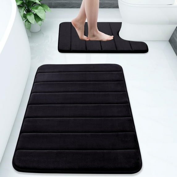 Buganda Memory Foam Bathroom Rugs Sets 2, 30"x20" Bath Mats and 24"x20" U-Shaped Toilet Rugs, Soft Non Slip Absorbent Bath Rugs, Black