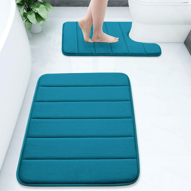 Buganda Memory Foam Bathroom Rugs Sets 2, 30"x20" Bath Mats and 24"x20" U-Shaped Toilet Rugs, Soft Non Slip Absorbent Bath Rugs, Peacock Blue