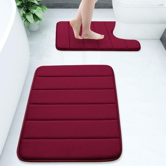 Buganda Memory Foam Bathroom Rugs Sets 2, 30"x20" Bath Mats and 24"x20" U-Shaped Toilet Rugs, Soft Non Slip Absorbent Bath Rugs, Wine Red