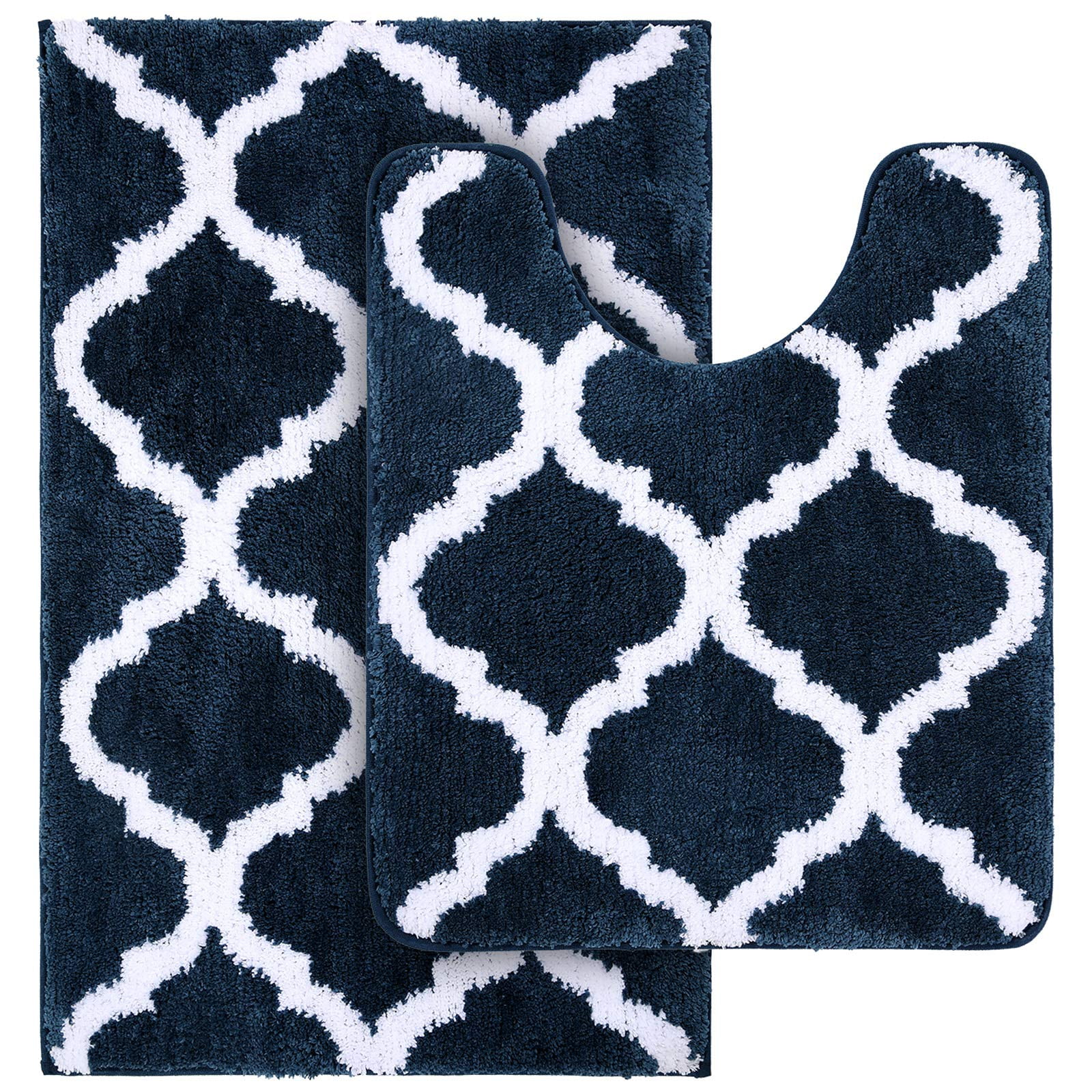 Buganda Microfiber Bathroom Rugs Set 2 Piece,U-Shaped Toilet Rug, Machine Wash Dry, Non-Slip Absorbent Shaggy Bath Mats for Tub, Shower and Bathroom (24"x16"+24"x20", Navy Blue)