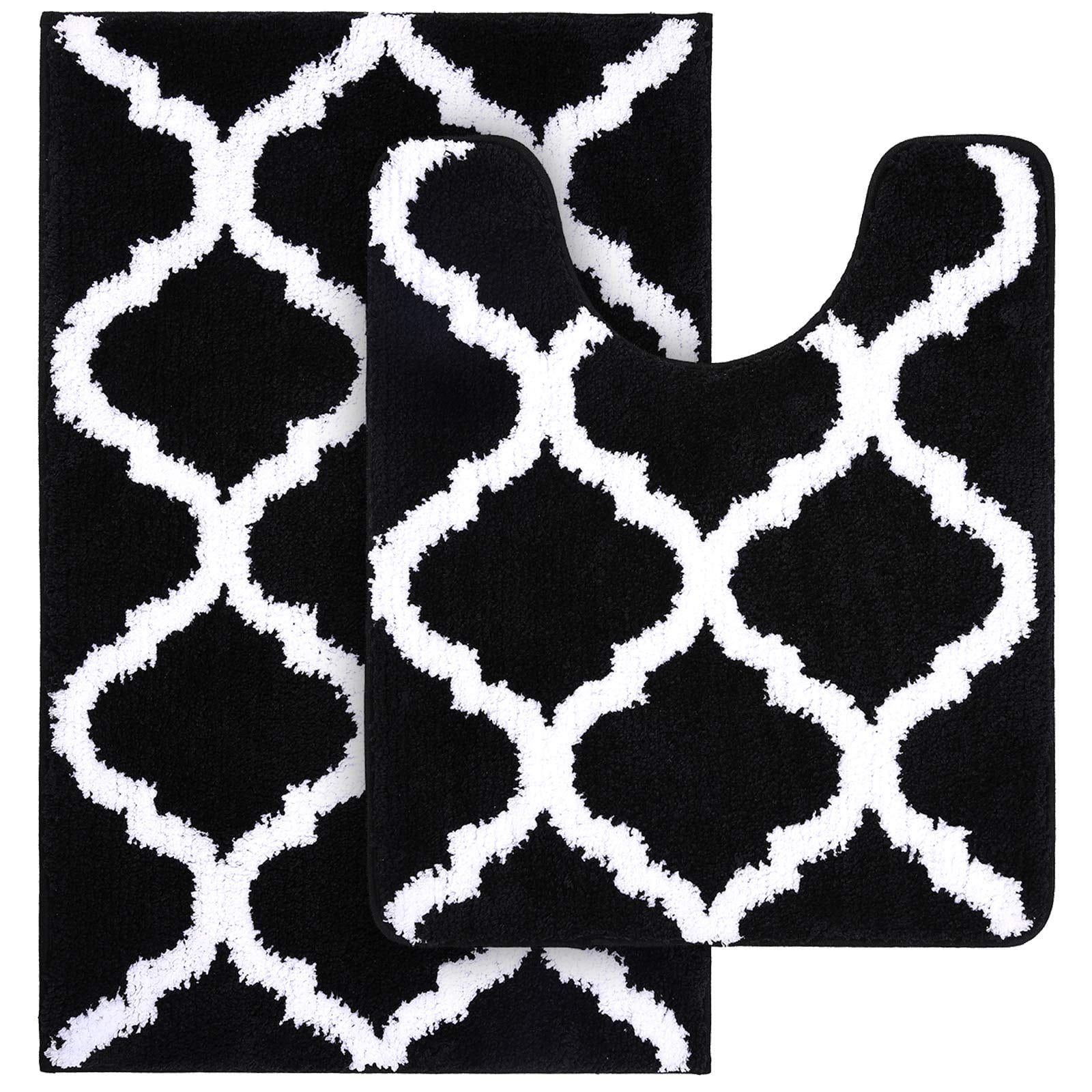 Buganda Microfiber Bathroom Rugs Set 2 Piece,U-Shaped Toilet Rug, Machine Wash Dry, Non-Slip Absorbent Shaggy Bath Mats for Tub, Shower and Bathroom (24"x16"+24"x20", Black)