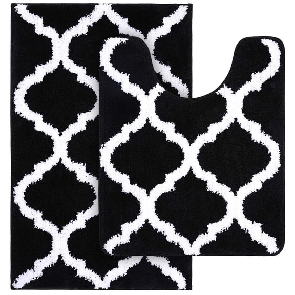 Buganda Microfiber Bathroom Rugs Set 2 Piece,U-Shaped Toilet Rug, Machine Wash Dry, Non-Slip Absorbent Shaggy Bath Mats for Tub, Shower and Bathroom (24"x16"+24"x20", Black)