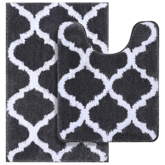 Buganda Microfiber Bathroom Rugs Set 2 Piece,U-Shaped Toilet Rug, Machine Wash Dry, Non-Slip Absorbent Shaggy Bath Mats for Tub, Shower and Bathroom (24"x16"+24"x20", Dark Grey)